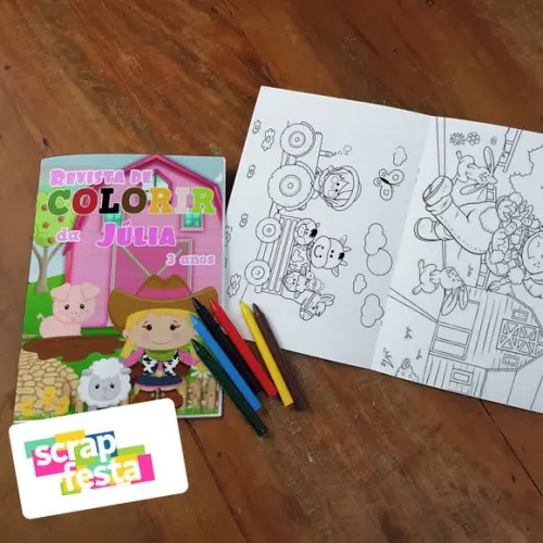 Revista Colorir + Giz de Cera Festa Fazendinha Menina Rosa