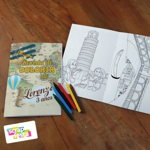Revista Colorir + Giz de Cera Festa Passaporte Viagem