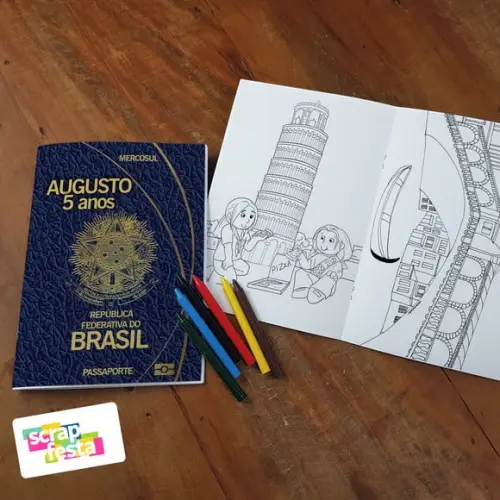 Revista Colorir + Giz de Cera Festa Passaporte Viagem
