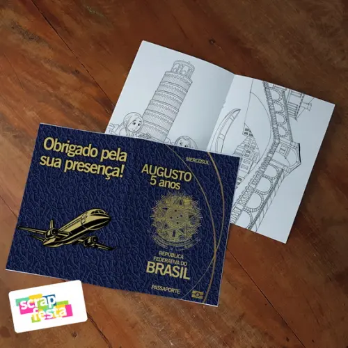 Revista Colorir + Giz de Cera Festa Passaporte Viagem