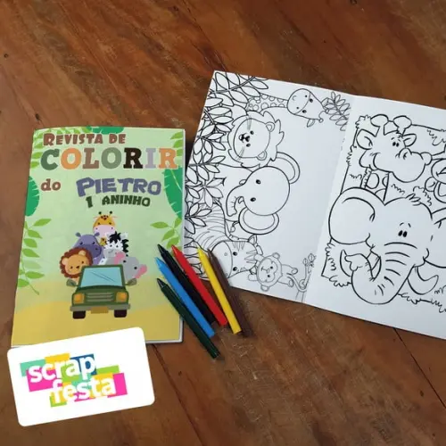 Revista Colorir + Giz de Cera Festa Safari