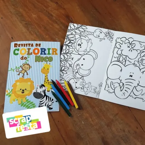 Revista Colorir + Giz de Cera Festa Safari