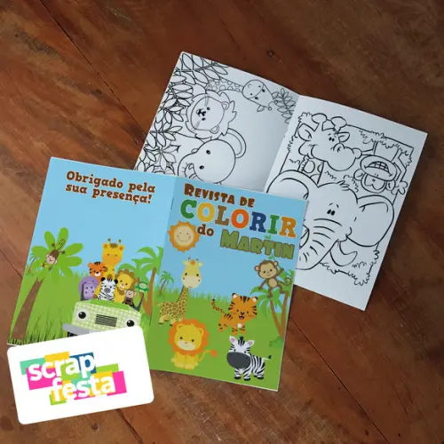 Revista Colorir + Giz de Cera Festa Safari