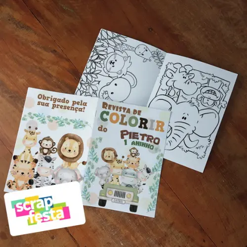 Revista Colorir + Giz de Cera Festa Safari Aquarela