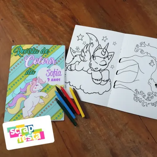 Revista Colorir + Giz de Cera Festa Unicórnio
