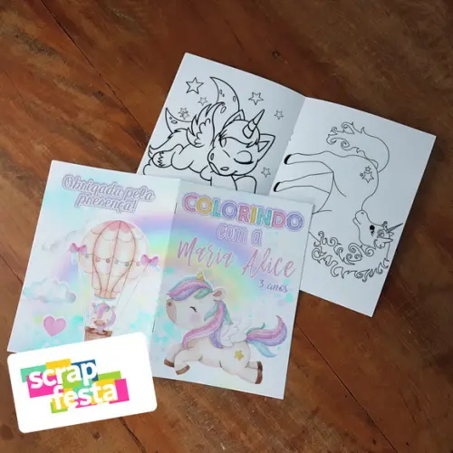 Revista Colorir + Giz de Cera Festa Unicórnio Aquarela