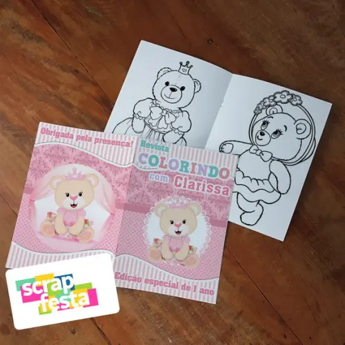Revista Colorir + Giz de Cera Festa Ursa Princesa