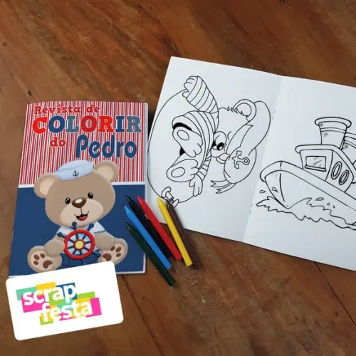 Revista Colorir + Giz de Cera Festa Urso Marinheiro