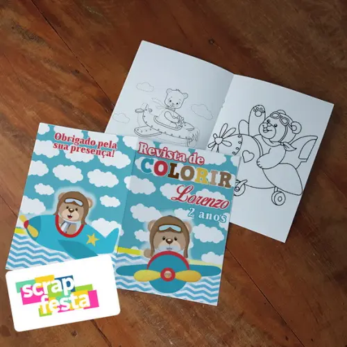 Revista Colorir + Giz de Cera Festa Urso Aviador