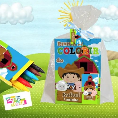 Revista Colorir+embalagem+giz Cera Festa Fazendinha