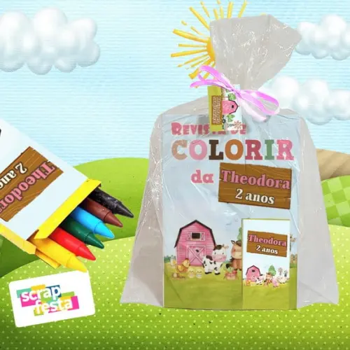 Revista Colorir+embalagem+giz Cera Festa Fazendinha Aquarela