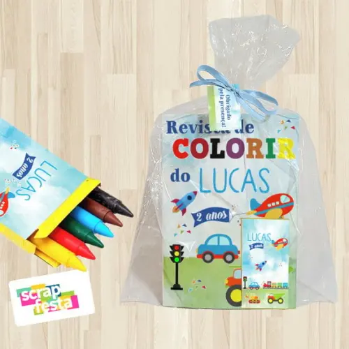 Revista Colorir+embalagem+giz Cera Festa Meios de Transporte