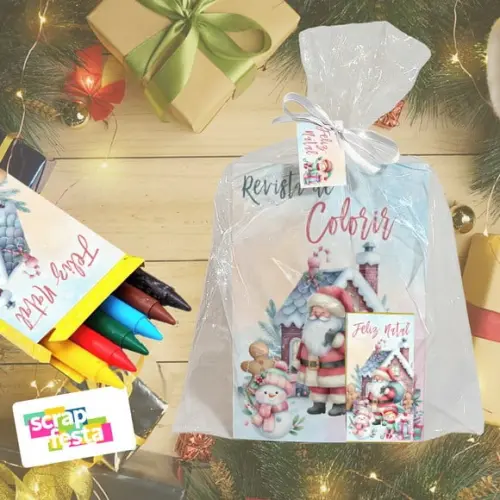 Revista Colorir+embalagem+giz Cera Festa Natal Aquarela