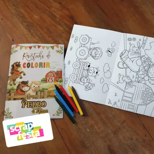 Revista Colorir+embalagem+giz Cera Festa Fazendinha Aquarela