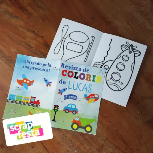 Revista Colorir+embalagem+giz Cera Festa Meios de Transporte