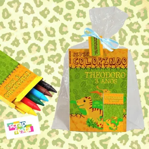 Revista Colorir+embalagem+giz de Cera Festa Dinossauro