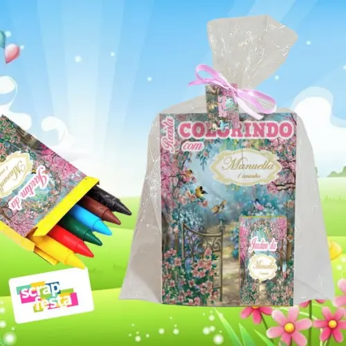 Revista Colorir+embalagem+giz de Cera Festa Jardim Encantado