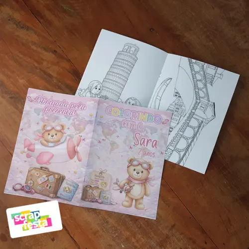 Revista Colorir+embalagem+giz de Cera Viagem Ursinha Aviador