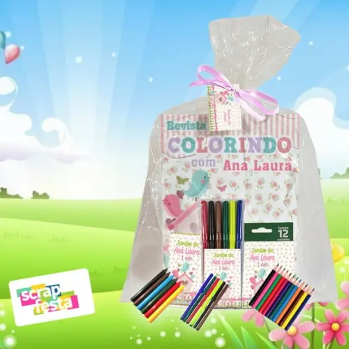 Revista Colorir+embalagem+giz+canetinha+lápis Jardim