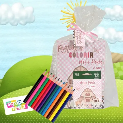 Revista Colorir+embalagem+lápis de Cor Fazendinha Aquarela