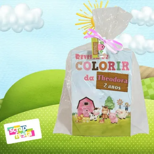 Revista Colorir+saquinho+fitinha+tag Fazendinha Aquarela