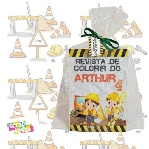 Revista Colorir+saquinho+fitinha+tag Festa Construção