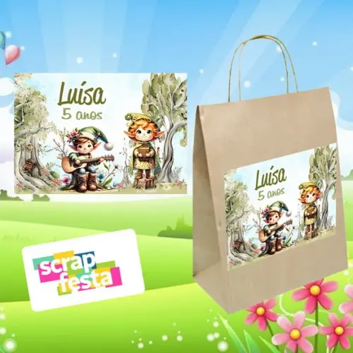 Sacola Papel Pardo Bosque Floresta Encantado Gnomos Aquarela
