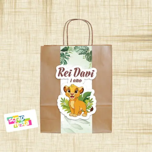 Sacolinha Papel Kraft Personalizada Festa Leão Safari