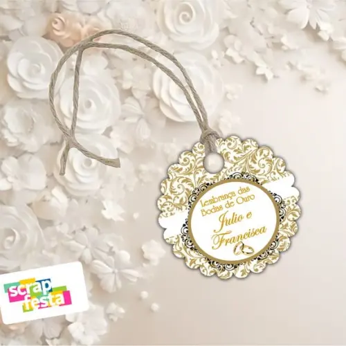 Tag Redonda + Fio de Rami Juta Casamento Bodas de Ouro