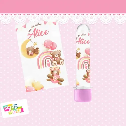 Tubete 13 cm Personalizado Festa Chá de Bebê Menina Ursinha