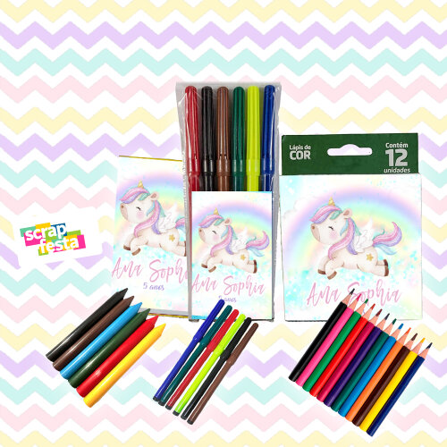 Kit Colorir Giz de Cera+canetinha+lápis de Cor Unicórnio