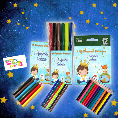Kit Colorir Giz de Cera+canetinha+lápis de Cor O Pequeno Príncipe