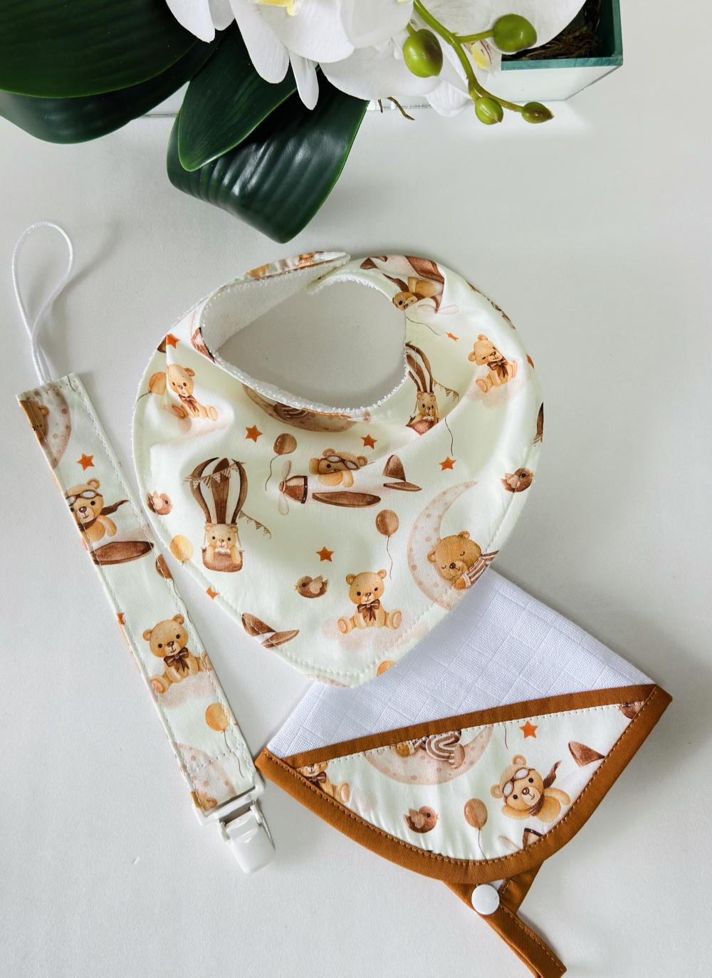 kit fralda e babador com prendedor de chupeta