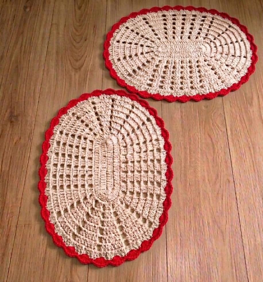 Kit 2 Peças Parzinho Tapete de Crochê Oval DUO COR - 50cm x 35c
