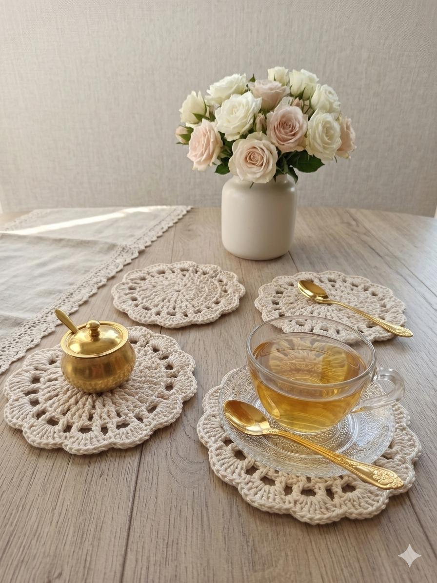 Kit 4 Porta Copos e Xícaras em Crochê - Elegância e Proteção
