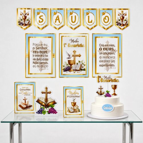 Kit Festa Primeira Comunhão Eucaristia Azul Papelaria Personalizada