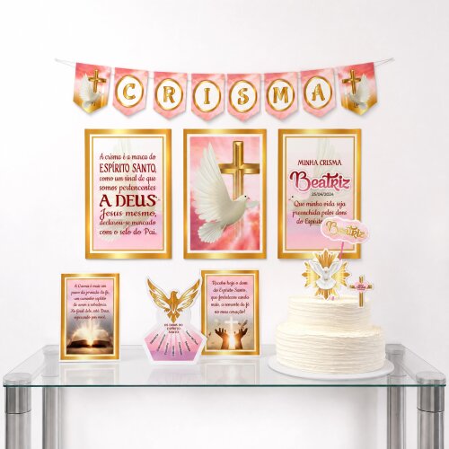 Kit Festa Crisma Menina Rosa Espírito Santo Papelaria Personalizada