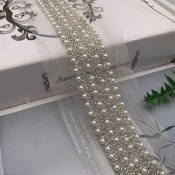 Aplique Bordado de Pérolas Off White - Tamanho Máximo 100cm