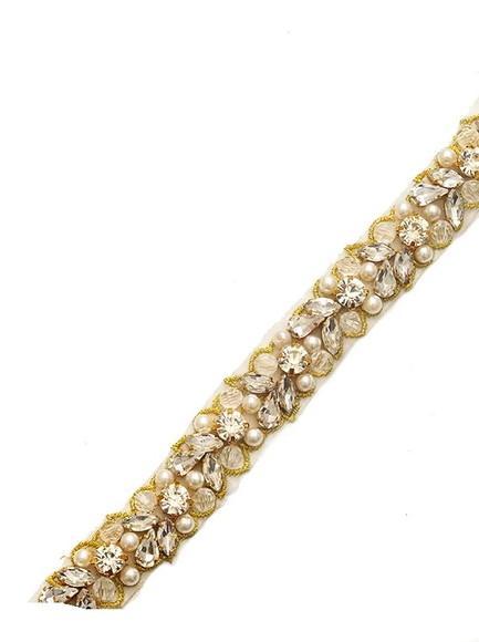 Cinto Bordado com Strass e Pérolas Pespontado Dourado