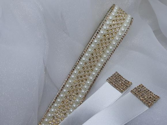 Cinto de Pérolas e Strass Dourado