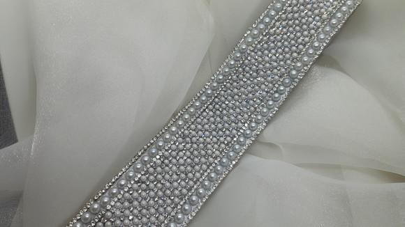 Cinto de strass e pérolas largo Fita Prata Pronta Entega