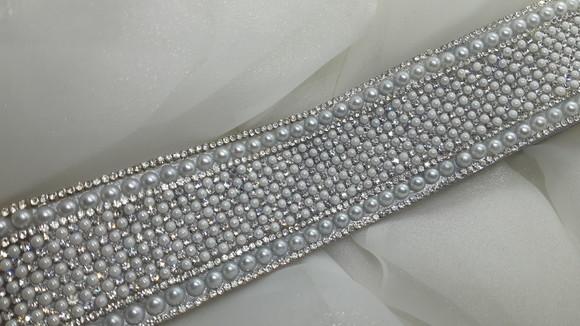 Cinto de strass e pérolas largo Fita Prata Pronta Entega