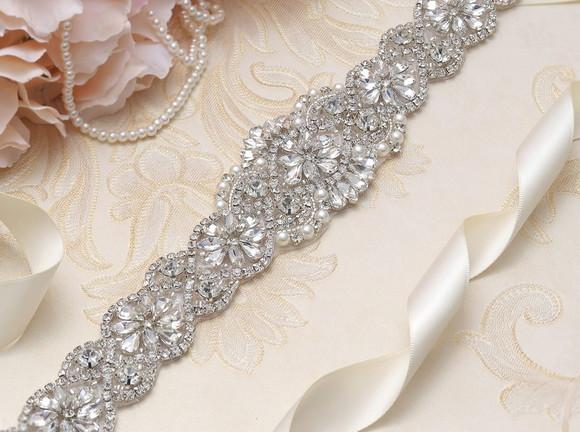 Cinto de Strass e Pérolas Prata com Fita de Cor a Escolher