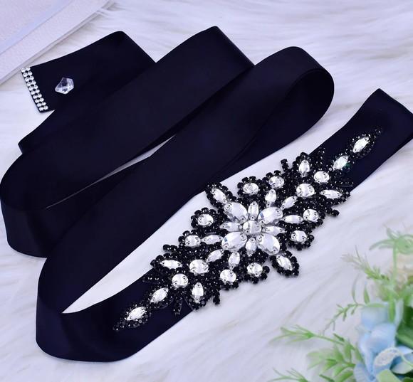 Cinto de Strass Flor Preto e Prata