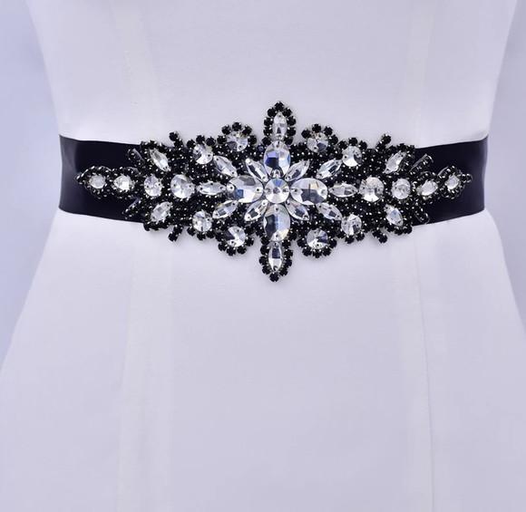 Cinto de Strass Flor Preto e Prata