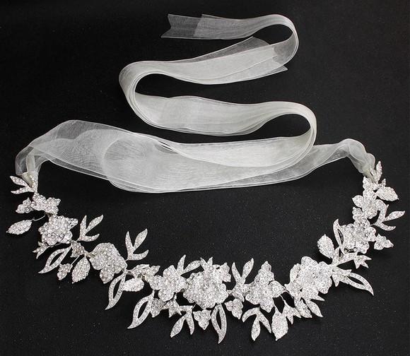 Cinto de strass flores e folhas prateado vestido de noiva