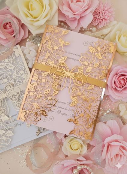 Convite Rosé Gold metalizado modelo folhas