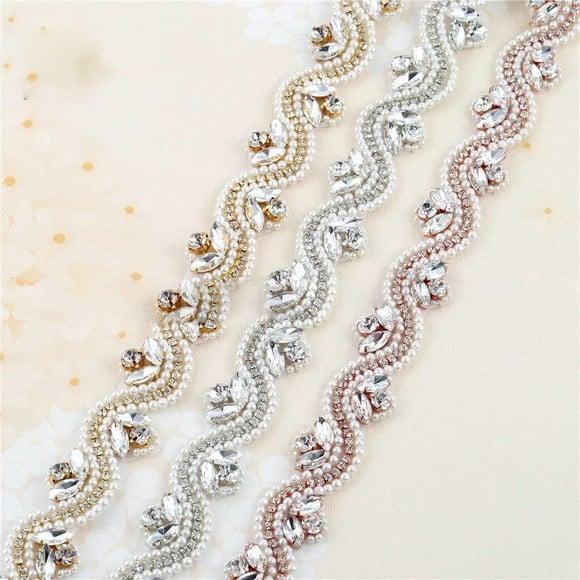 Cinto Bordado de Pérolas e Strass Prata, Dourado ou Rose