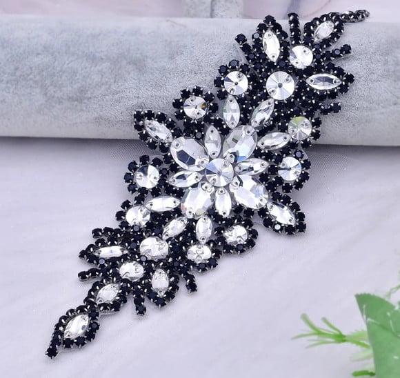 Cinto de Strass Flor Preto e Prata