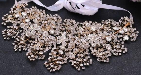Cinto flores de strass e cristal para vestido de noiva